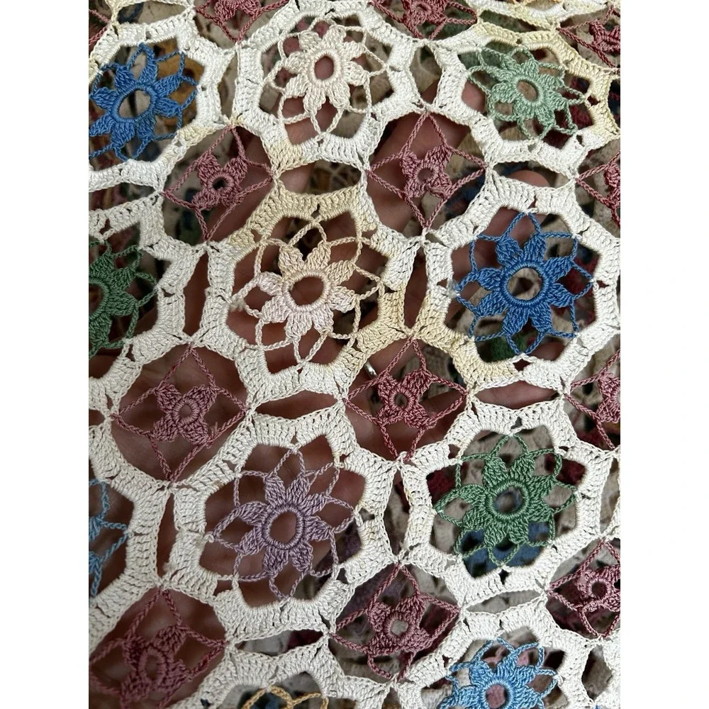 VTG Hand Crocheted Floral Heirloom Tablecloth Colorful & Ecru 60x60